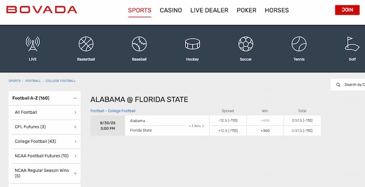 Odds display from Bovada, a major player in Alabama online sportsbooks.